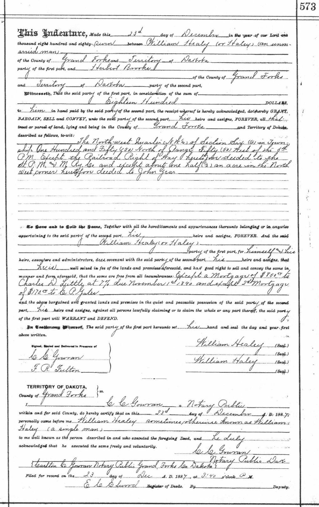 Deed Transfering Walle Property to Hubert Brooks 